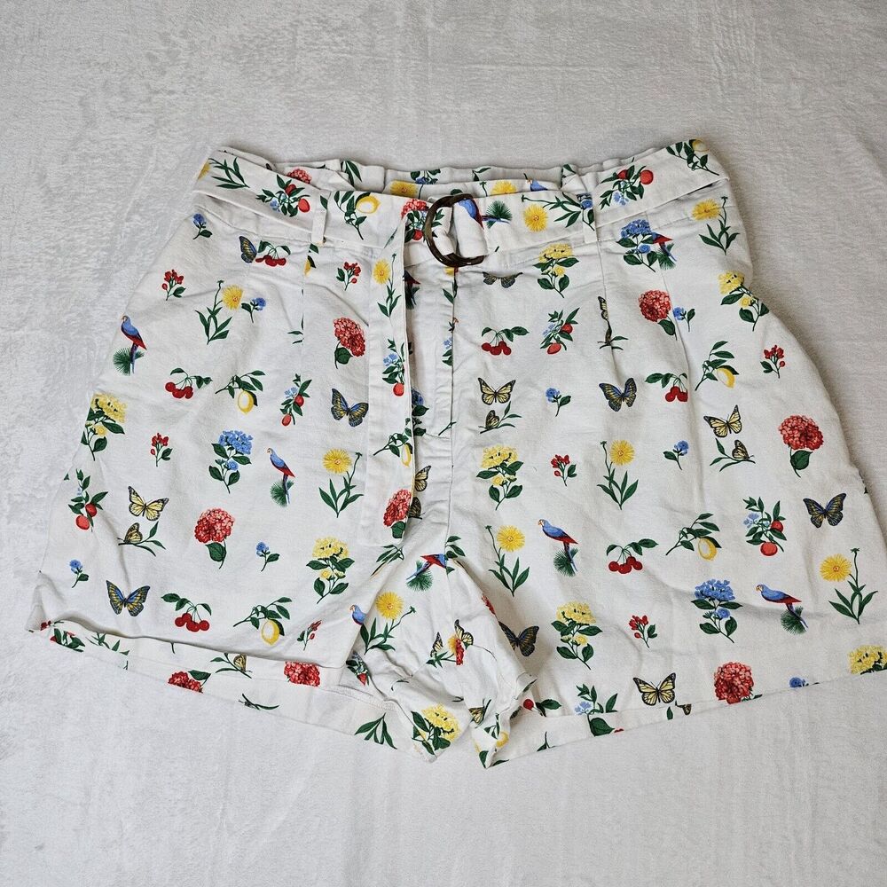 Ann Taylor Womens 14 Paperbag Shorts White Flower Butterfly Bird D Ring Belt